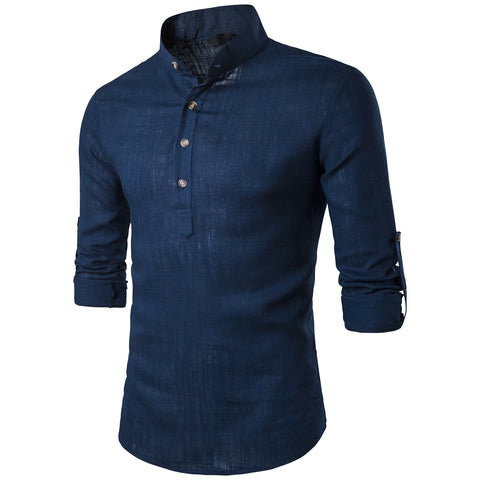 Mandarin Collar Linen Blend Shirt