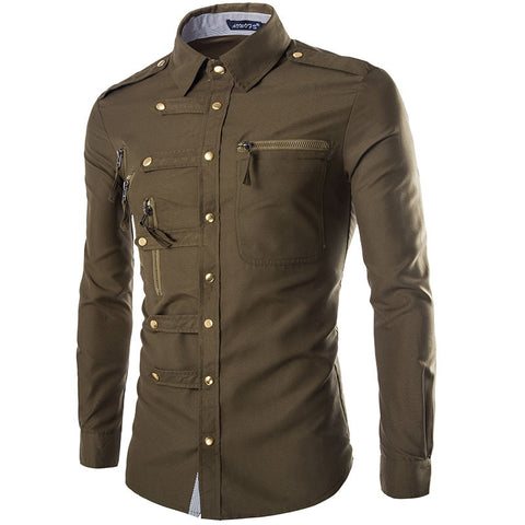 Men's Slim Fit Military Style Shirt – Gold Button Design