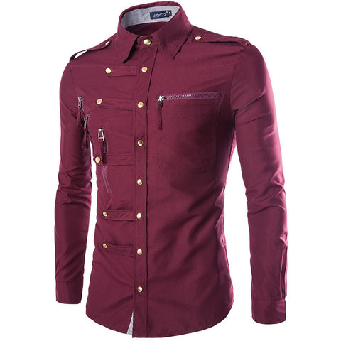 Men's Slim Fit Military Style Shirt – Gold Button Design