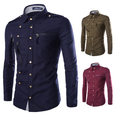 Men's Slim Fit Military Style Shirt – Gold Button Design