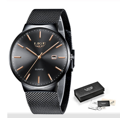 LIGE Classic Mesh Watch – Ultra-Slim Men's Stainless Steel Quartz Timepiece