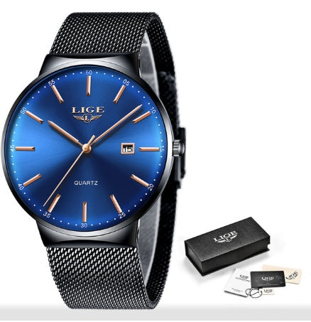 LIGE Classic Mesh Watch – Ultra-Slim Men's Stainless Steel Quartz Timepiece