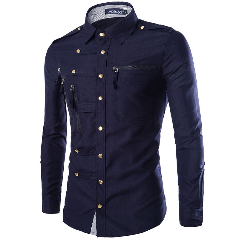 Men's Slim Fit Military Style Shirt – Gold Button Design