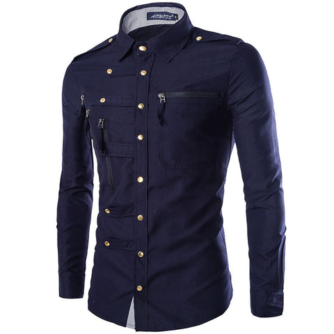 Men's Slim Fit Military Style Shirt – Gold Button Design